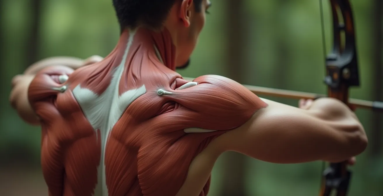 Vue de profil et arrière d'un archer montrant l'activation des muscles dorsaux et des rhomboïdes pendant la traction, avec schéma anatomique léger des muscles impliqués.