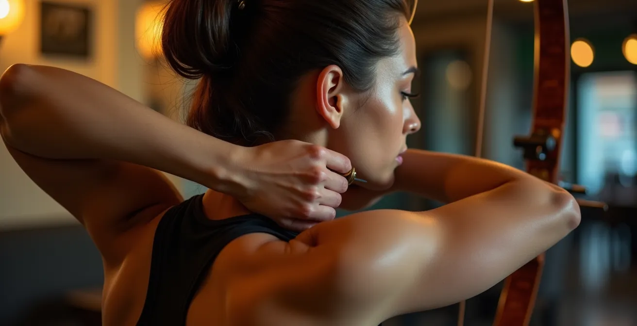 Vue de profil d'un archer montrant l'activation et l'engagement des muscles du dos lors de la traction de l'arc