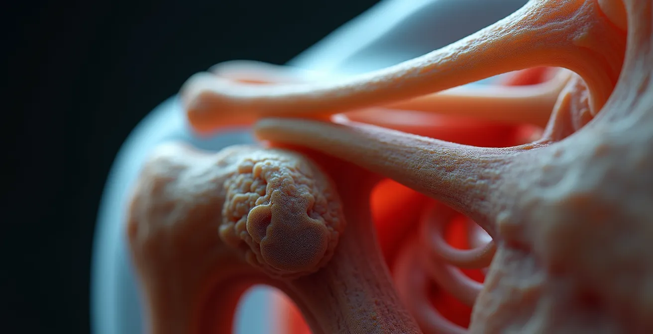 Détail macroscopique de l'articulation de l'épaule en position biomécanique optimale avec omoplate abaissée et alignement osseux