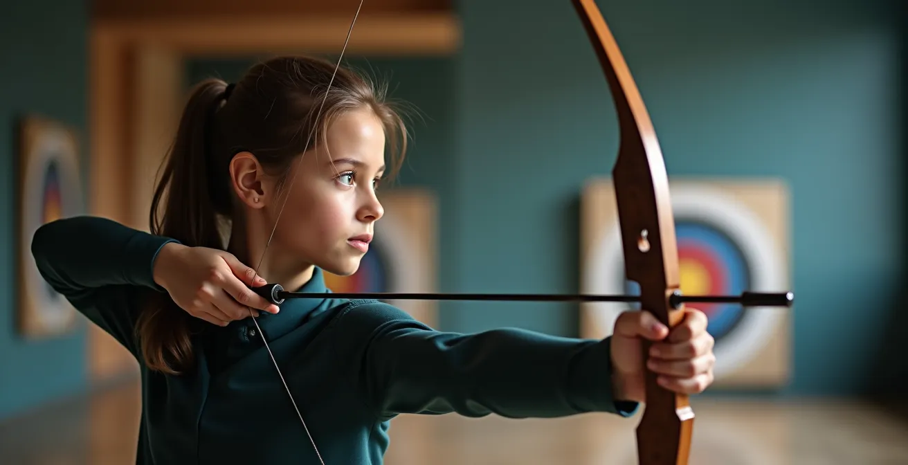 Archer en position de tir avec repères faciaux alignés correctement, montrant l'allonge correcte mesurée sur une flèche graduée
