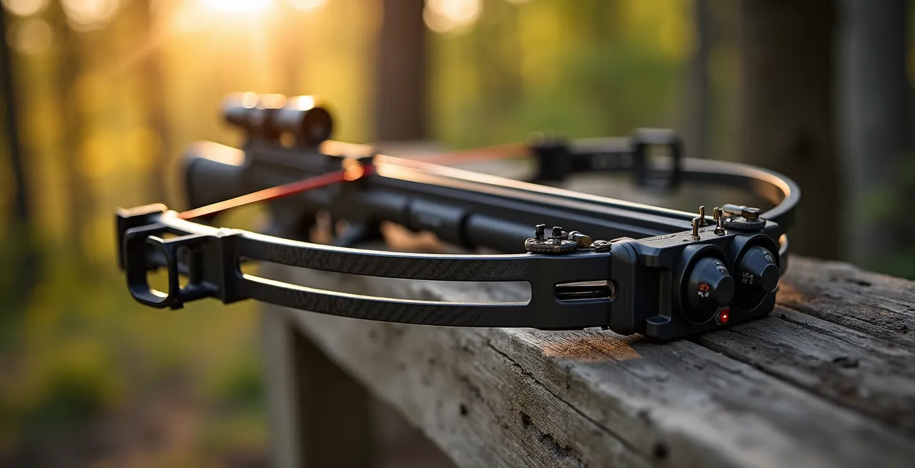 Arc à poulies moderne avec poulies synchronisées, viseur optique et stabilisateurs, posé sur fond naturel de forêt française, lumière dorée traversant les branches