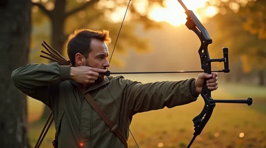 Un archer expérimenté en tenue de chasse tient un arc à poulies avec un décocheur, viseur aligné, en position de tir stable dans un environnement naturel français.