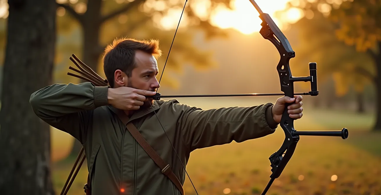 Un archer expérimenté en tenue de chasse tient un arc à poulies avec un décocheur, viseur aligné, en position de tir stable dans un environnement naturel français.