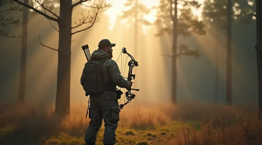 Archer équipé préparé pour une journée de chasse à l'arc, tenant son arc compound avec accessoires de chasse, debout dans un environnement forestier naturel.