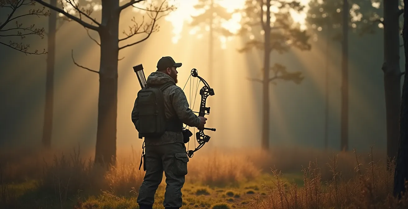 Archer équipé préparé pour une journée de chasse à l'arc, tenant son arc compound avec accessoires de chasse, debout dans un environnement forestier naturel.
