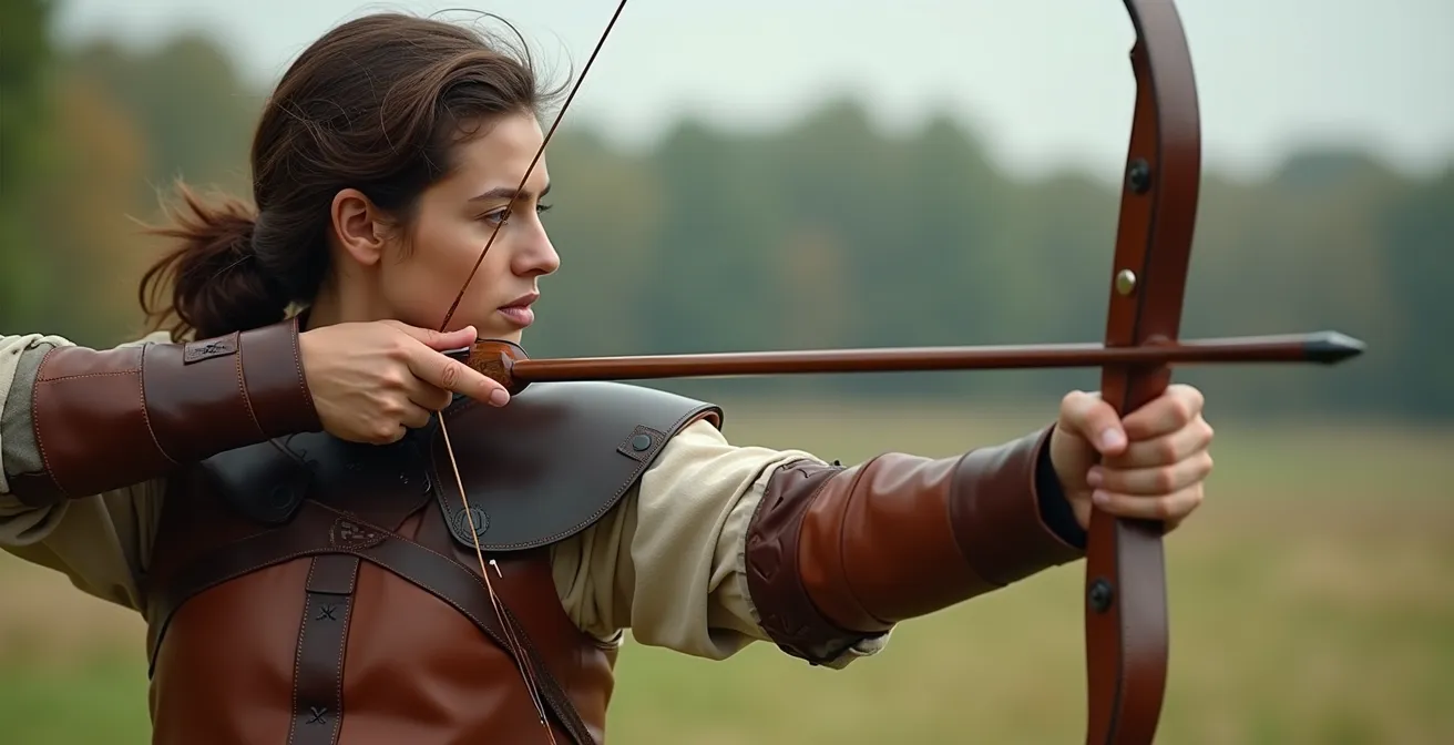 Archer en position d'attaque portant ensemble complet de protections : protège-bras, plastron et palette, montrant posture de sécurité optimale