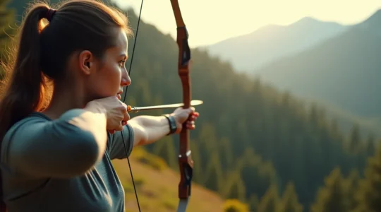 Archer en pleine concentration, tirant une flèche vers une cible visible, entouré de nature et dans un état mental paisible