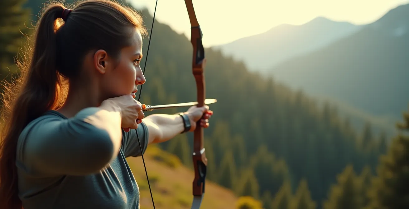 Archer en pleine concentration, tirant une flèche vers une cible visible, entouré de nature et dans un état mental paisible
