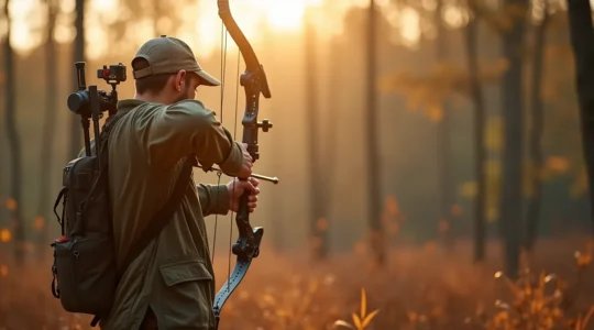 Archer en equipement moderne avec arc compound, viseur et stabilisateur en environnement de foret francaise