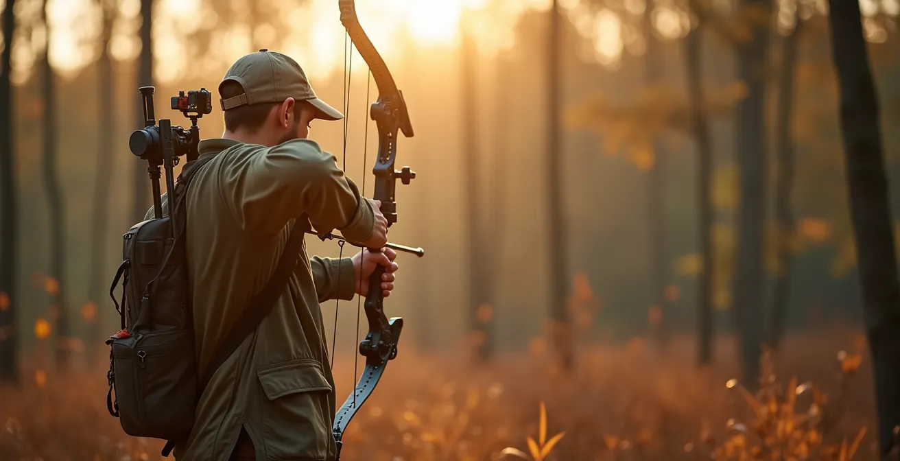 Archer en equipement moderne avec arc compound, viseur et stabilisateur en environnement de foret francaise