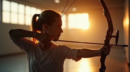 Archer français en position de tir avec arc à poulies réglé précisément, dans une archerie spécialisée, montrant la concentration et la technique de réglage optimal