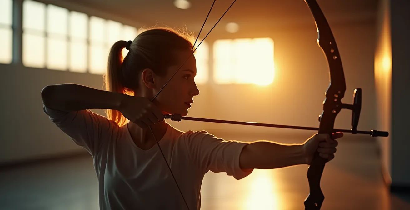 Archer français en position de tir avec arc à poulies réglé précisément, dans une archerie spécialisée, montrant la concentration et la technique de réglage optimal