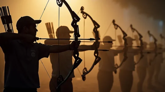 Archers professionnels en compétition avec équipement haut de gamme, trophées et médailles en arrière-plan