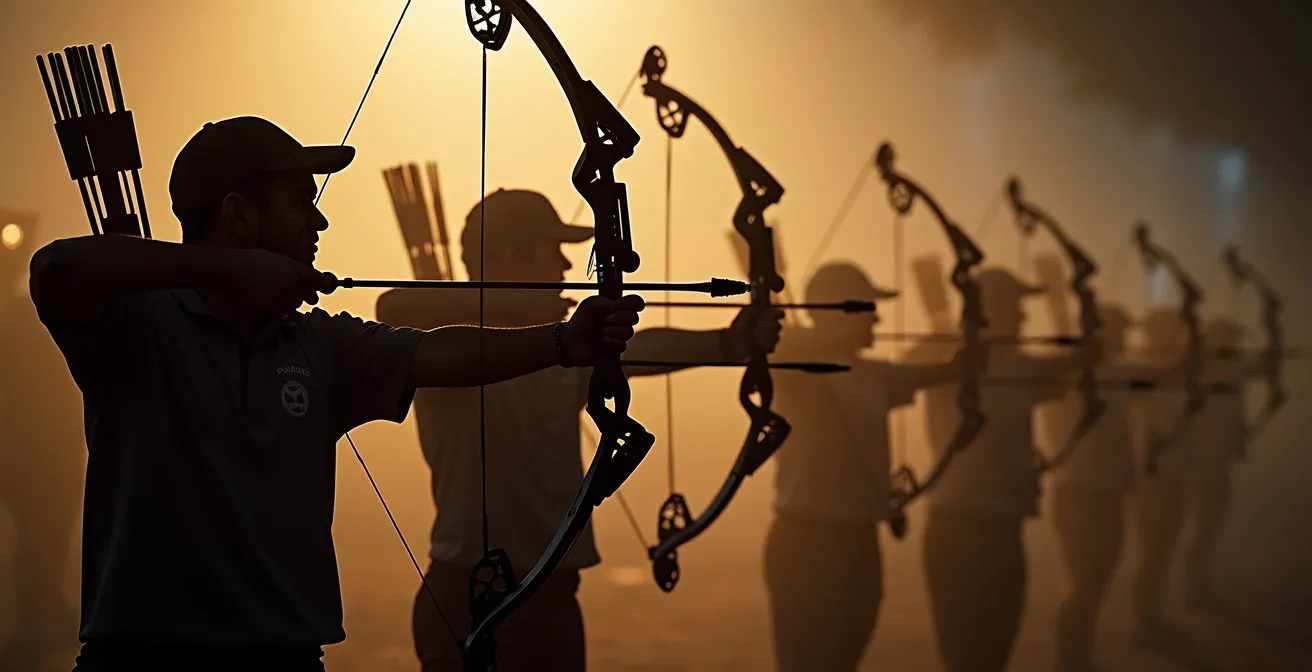 Archers professionnels en compétition avec équipement haut de gamme, trophées et médailles en arrière-plan