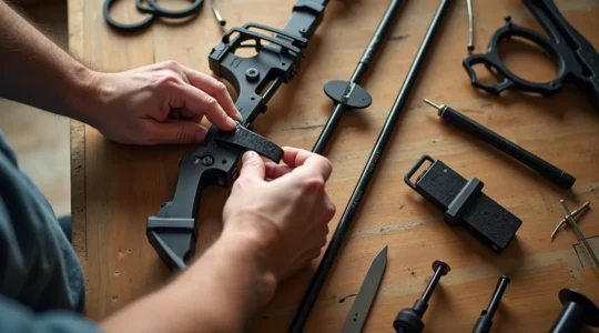 Archer dans un club français assemblant les composants d'un arc de compétition avec attention aux détails