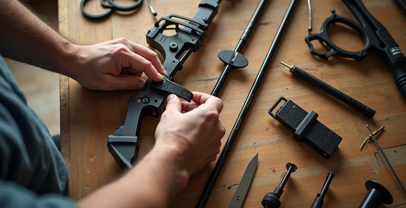 Archer dans un club français assemblant les composants d'un arc de compétition avec attention aux détails