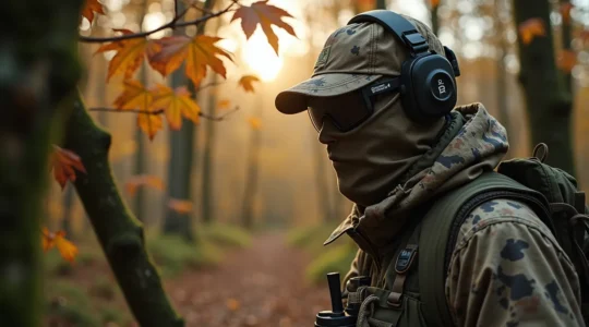 Un chasseur entièrement camouflé se fond invisiblement dans une forêt française mixte d'automne, démontrant une intégration parfaite avec les feuilles dorées, les troncs sombres et la lumière tamisée du sous-bois.