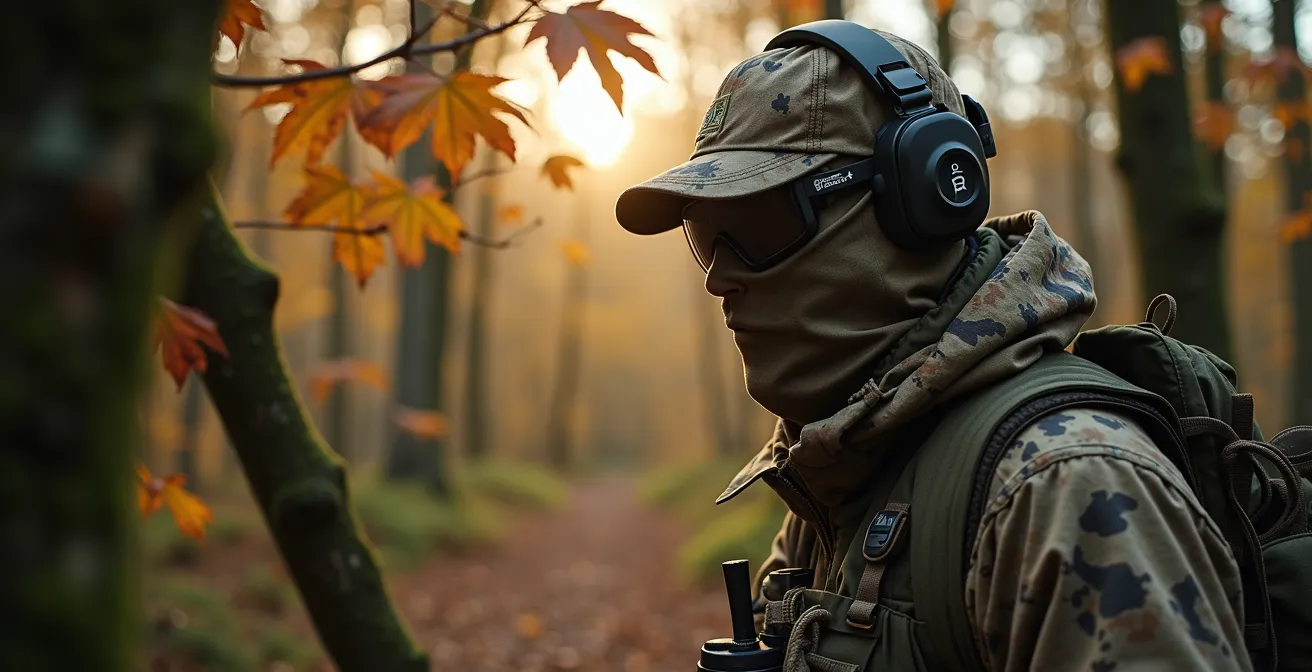 Un chasseur entièrement camouflé se fond invisiblement dans une forêt française mixte d'automne, démontrant une intégration parfaite avec les feuilles dorées, les troncs sombres et la lumière tamisée du sous-bois.