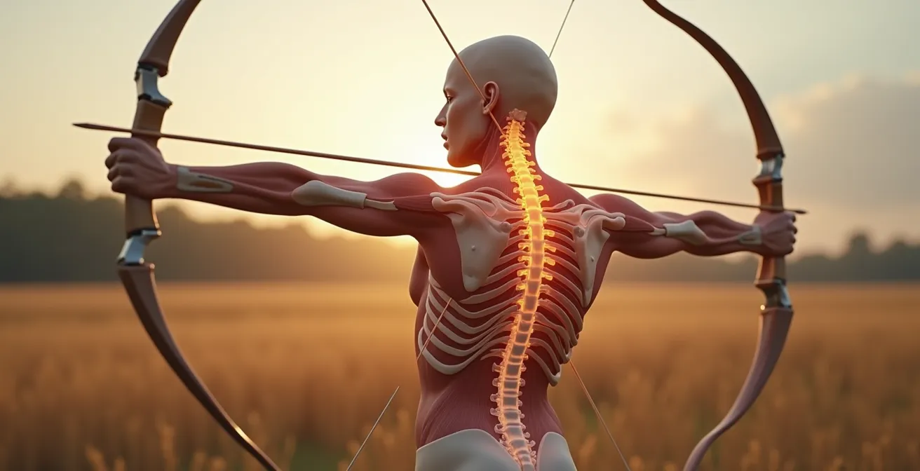 Vue anatomique stylisée montrant l'alignement vertébral et l'engagement des omoplates lors du tir à l'arc