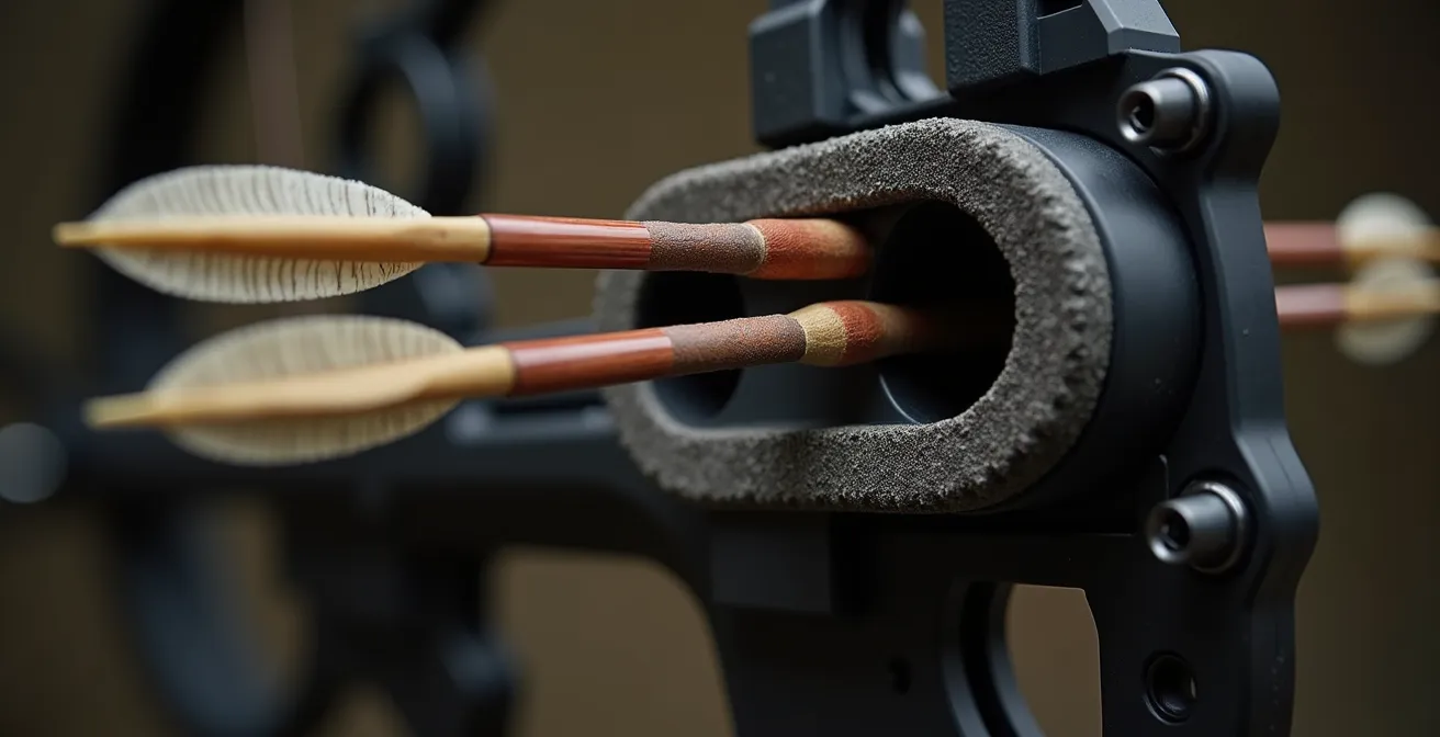 Carquois d'arc de chasse à confinement total avec cinq flèches, matériau noir mat non-réfléchissant, détail des brosses de friction