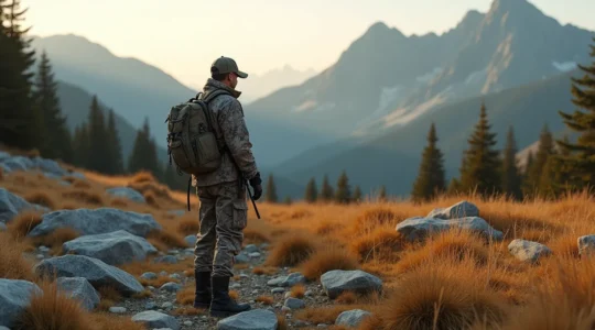 Un chasseur en tenue de camouflage adapté au terrain montagneux des Alpes, se fondant dans la végétation rocheuse.