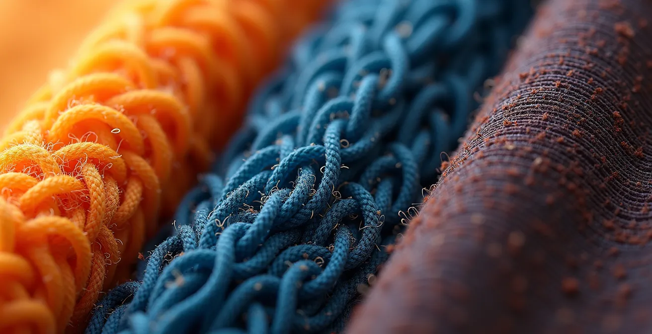 Photographie en gros plan de trois tissus différents (polaire, microfibre brossée, synthétique standard) montrant leurs structures et textures respectives pour illustrer les différences de silence et de bruit.