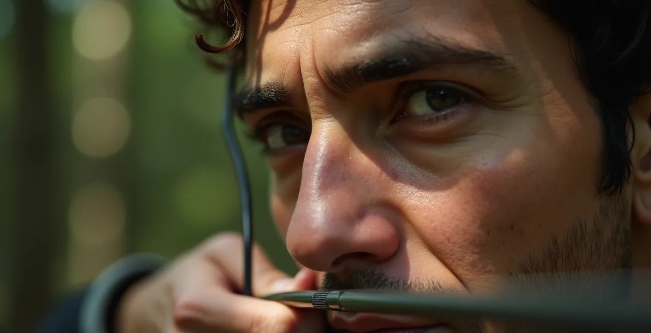 Gros plan sur le visage concentré d'un archer au moment du tir, montrant la détermination et le calme mental
