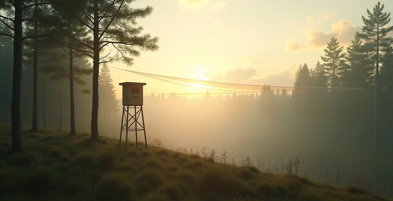 Vue d'un mirador ou treestand montrant le cône de dispersion des odeurs humaines sous différentes conditions de vent : vent de face, vent de côté, vent arrière.