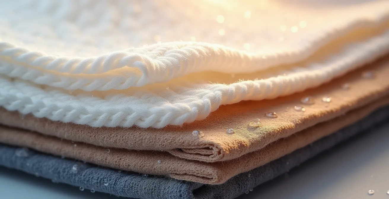 Diagramme schématique des trois couches de vêtements avec les flèches montrant la circulation de la vapeur d'eau de l'intérieur vers l'extérieur.