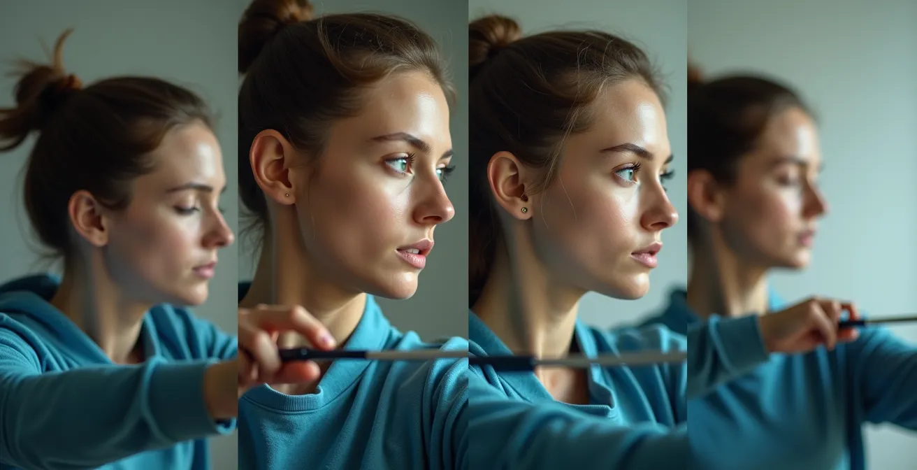 Archer montrant les phases de respiration synchronisées avec le cycle de tir, du calme initial à la libération de la flèche