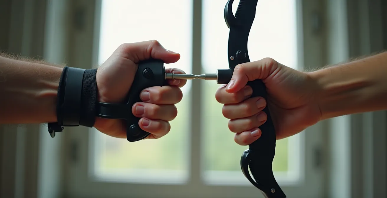 Deux mains d'archers côte à côte montrent la différence entre un décocheur à sangle au poignet avec déclenchement index, et un décocheur à main pleine avec activation au pouce.