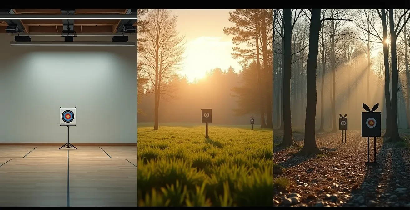 Trois environnements d'archerie côte à côte : intérieur de salle, plein air découvert, et forêt avec cibles 3D