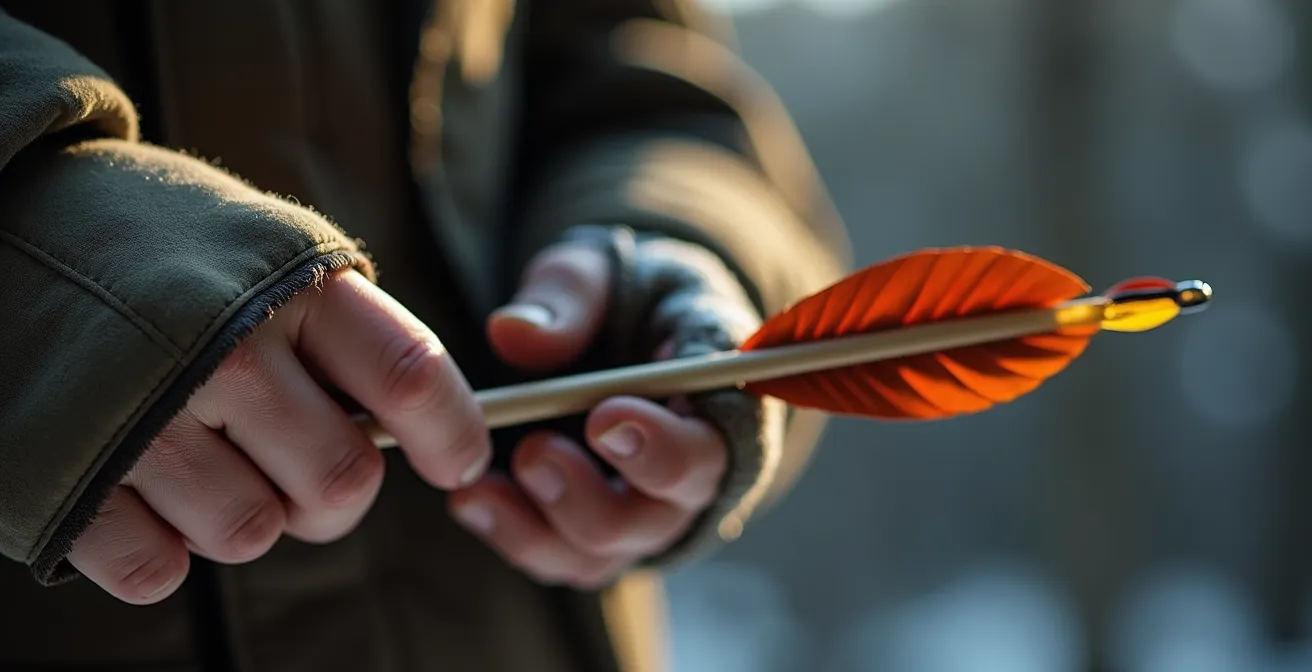 Flèche de chasse avec empennage offset hélicoïdal en plumes, montée sur repose-flèche biscuit, détail de l'installation