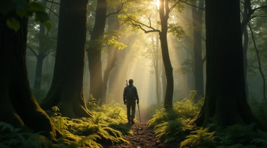 Un chasseur immobile dans un sous-bois dense, enveloppé de vêtements camouflage discrets, se dissolvant progressivement dans les troncs d'arbres et le feuillage mousseux des Vosges.