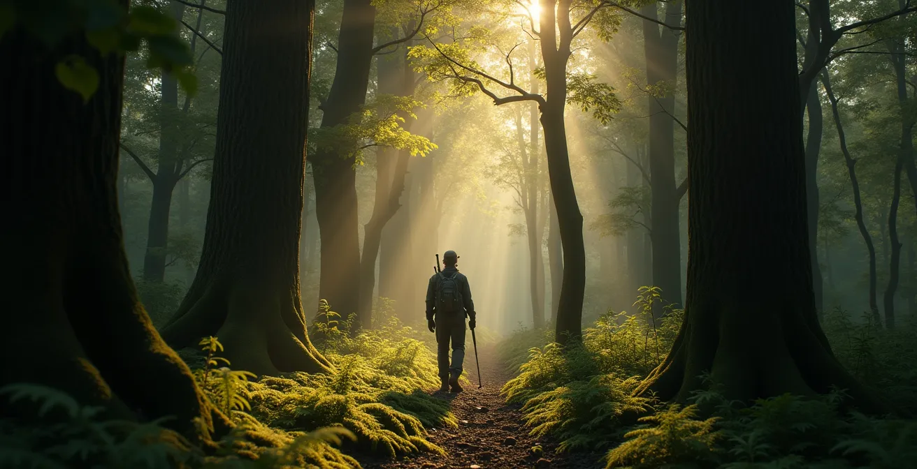 Un chasseur immobile dans un sous-bois dense, enveloppé de vêtements camouflage discrets, se dissolvant progressivement dans les troncs d'arbres et le feuillage mousseux des Vosges.