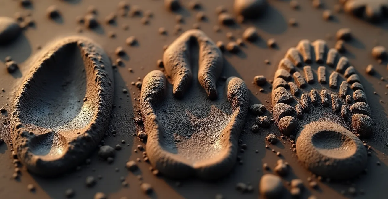 Comparaison photographique d'empreintes de chevreuil, cerf et sanglier dans la boue, montrant leurs différences distinctives