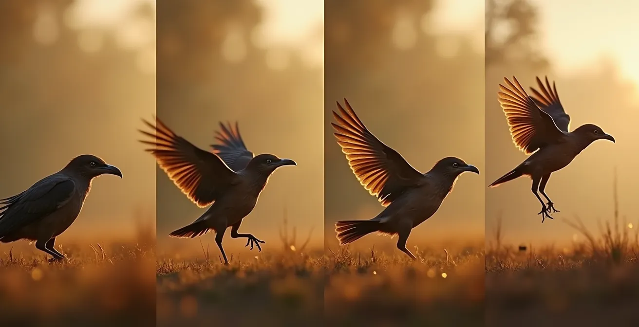 Séquence visuelle montrant les quatre moments clés du comportement animal : alerte préalable (crête relevée), préparation du départ (équilibre instable), décollage imminent (première poussée), et envol complet avec ailes déployées.