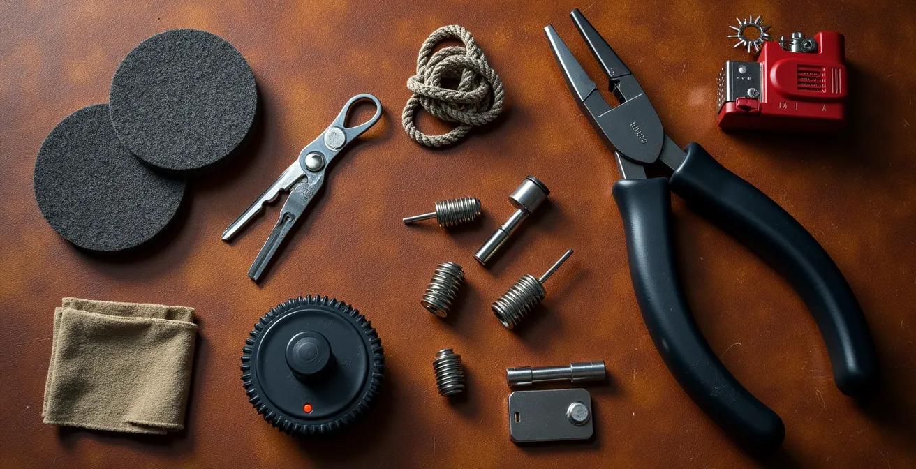 Arrangement pratique des outils et pièces de rechange essentiels pour réparer un repose-flèche en pleine nature lors d'une chasse