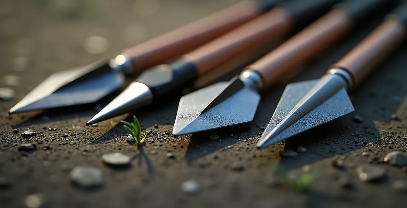 Trois types de pointes de flèche pour chasse à l'arc posées sur une surface naturelle : lames fixes, lames rétractables partiellement déployées, et lames d'entraînement à bout rond.