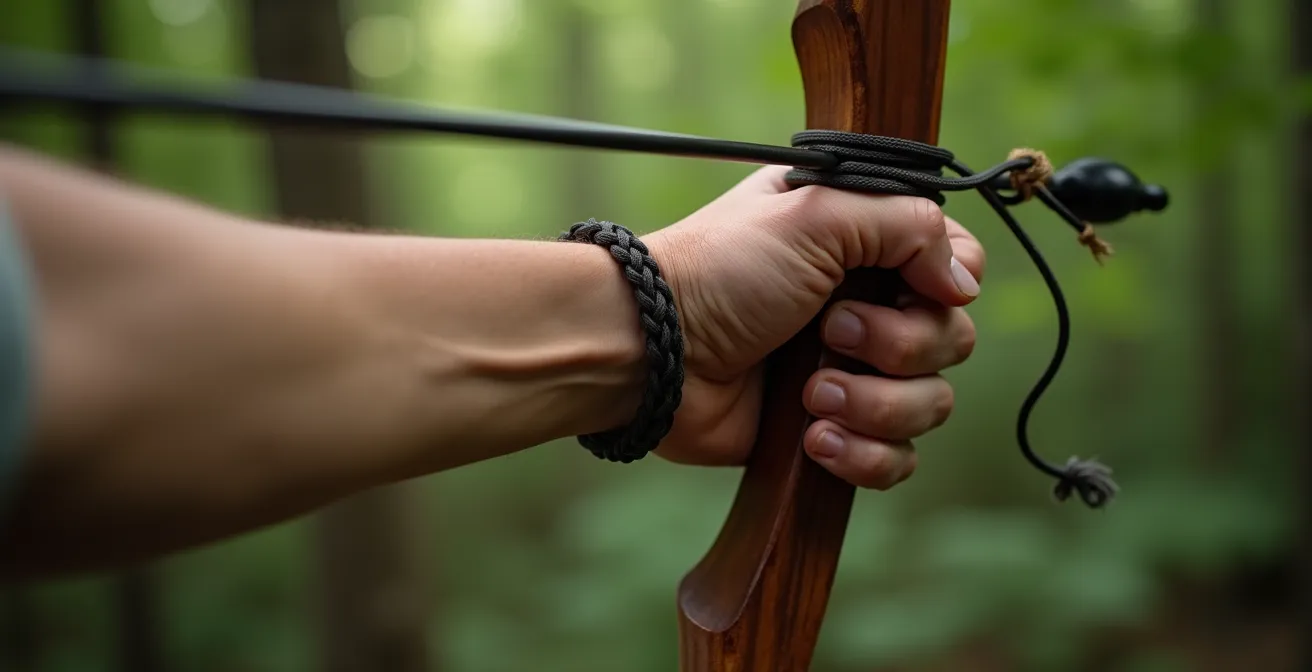 Gros plan de la main d'un archer tenant l'arc avec une dragonne en paracorde, montrant la position décontractée et précise
