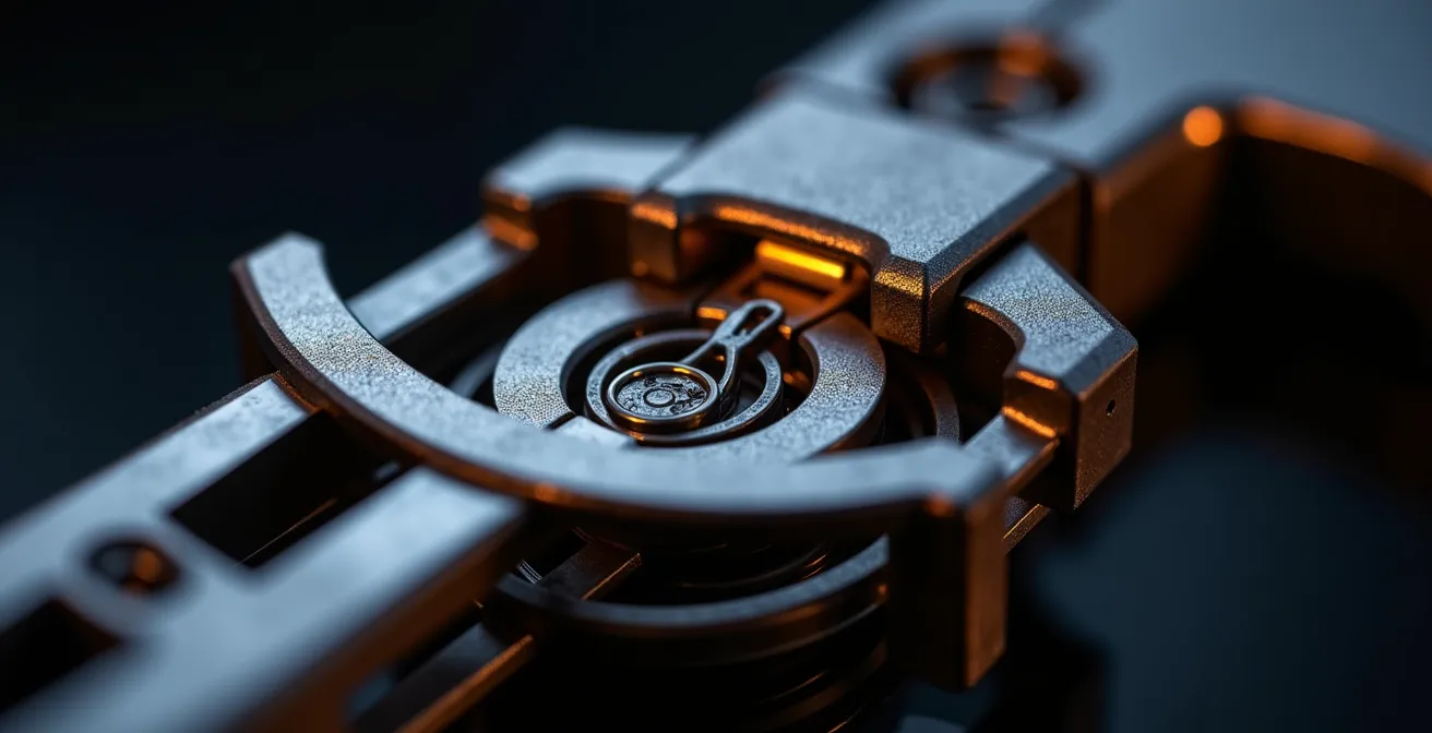 Vue macro détaillée du mécanisme interne d'un décocheur en coupe, montrant les composants en acier et aluminium en action