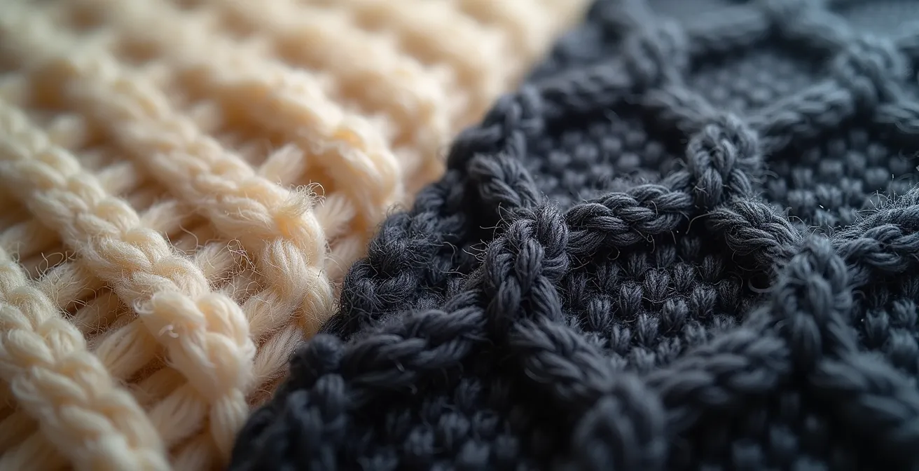 Vue macrophotographique ultra-rapprochée de fibres de laine mérinos entrecroisées versus tissu synthétique, montrant la différence d'acoustique et d'isolation thermique à l'échelle microscopique.
