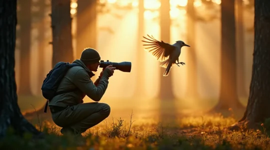 Un photographe positionné en affût discret dans une forêt dense française, photographiant des oiseaux en vol au lever du soleil doré, capturant l'essence de la patience et de la technique de la photographie animalière.