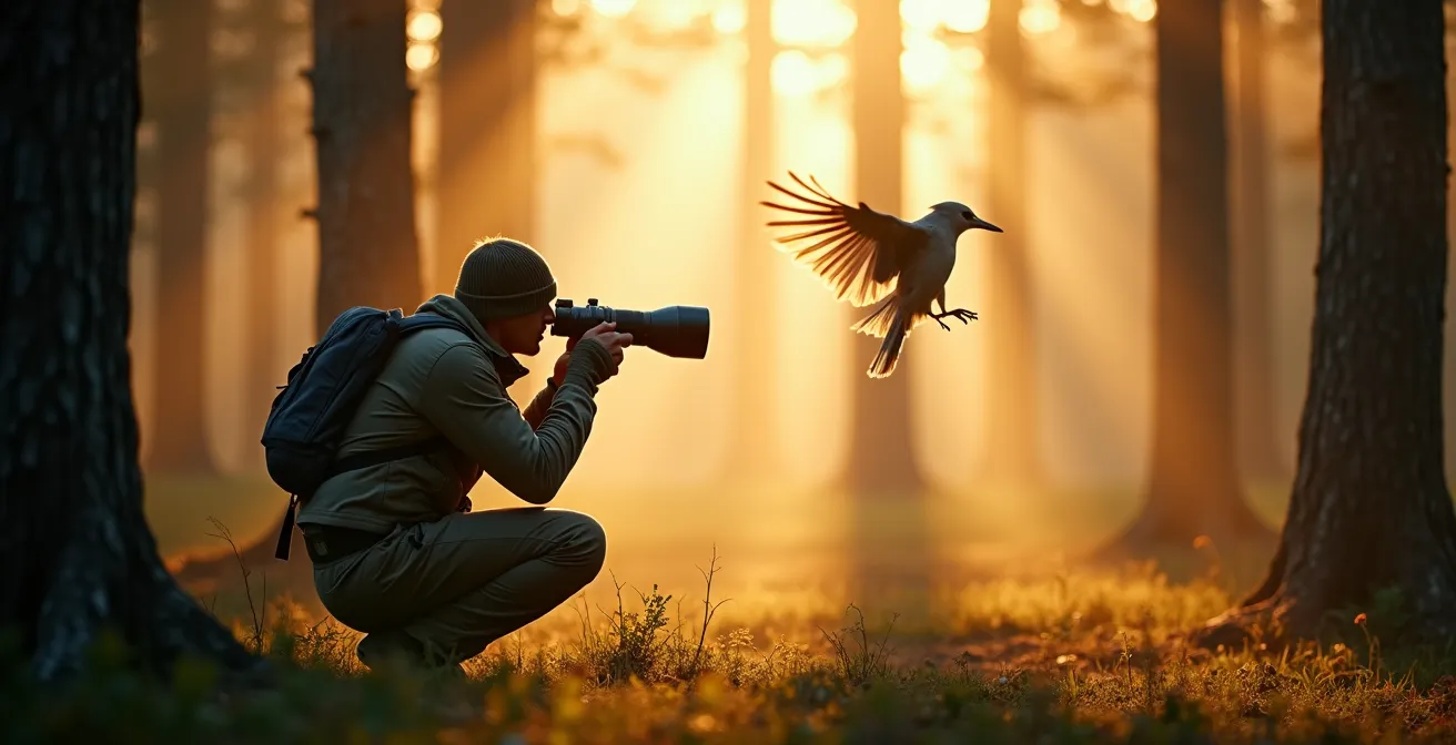 Un photographe positionné en affût discret dans une forêt dense française, photographiant des oiseaux en vol au lever du soleil doré, capturant l'essence de la patience et de la technique de la photographie animalière.