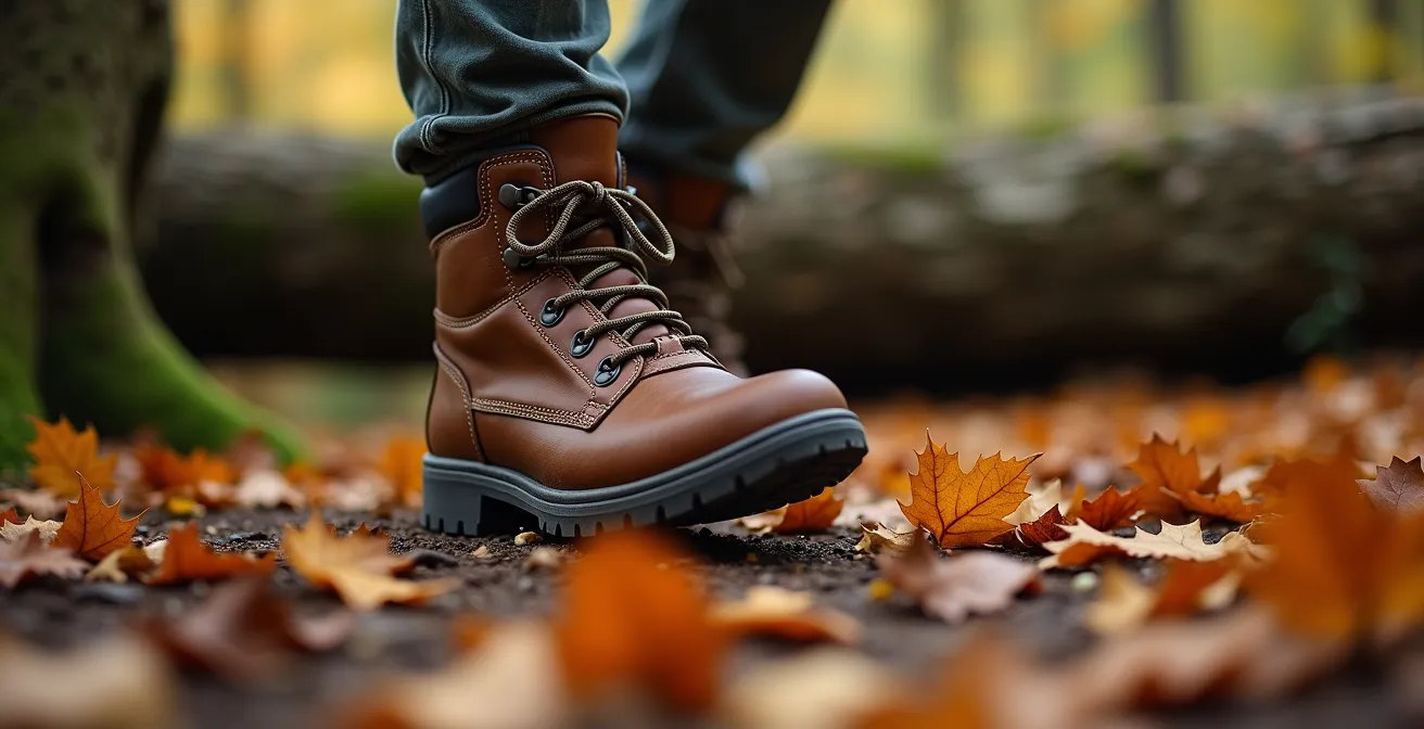 Pieds d'un marcheur progressant avec précaution sur un tapis de feuilles d'automne en forêt