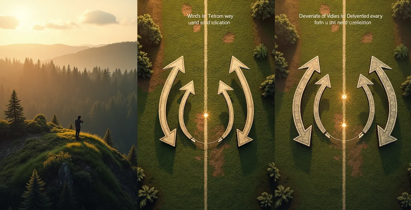 Trois diagrammes aériens montrant les erreurs courantes d'affût : (1) mauvaise position en crête se découpage sur ciel, (2) vent soufflant odeur vers animaux, (3) arrière-plan clair démasquant la silhouette. En contraste, la bonne position intégrée au terrain avec vent favorable.
