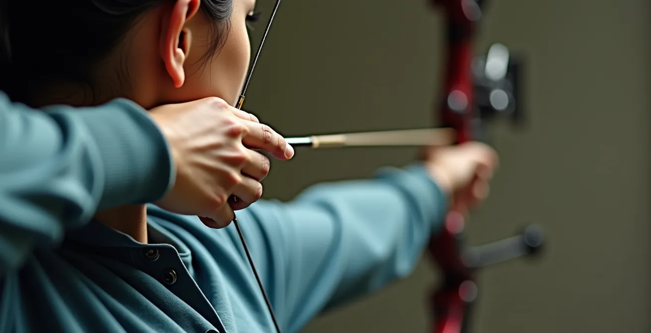 Vue de face et de profil d'un archer en position de tir parfaite, avec alignement T marqué, ancrage visible et fondations stables