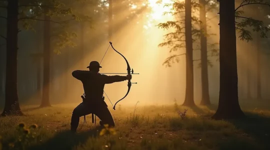Archer solitaire en position de tir dans une forêt française, arc tendu dans la lumière dorée du crépuscule, environnement naturel intact