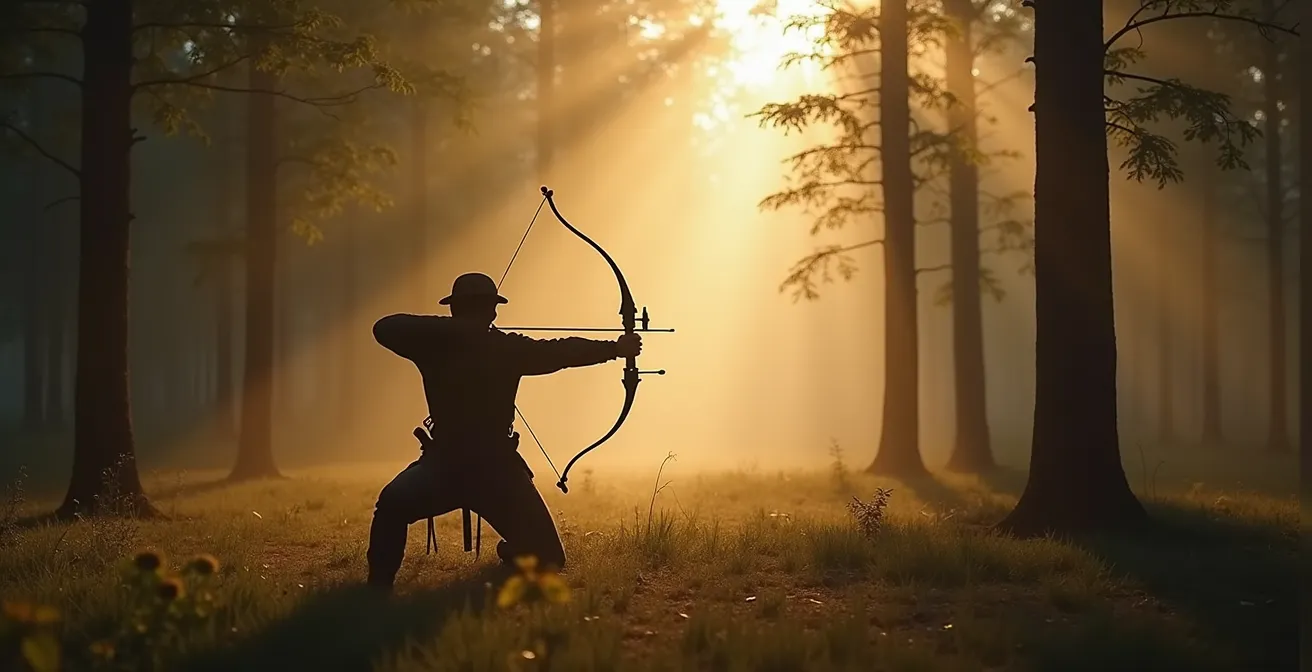 Archer solitaire en position de tir dans une forêt française, arc tendu dans la lumière dorée du crépuscule, environnement naturel intact