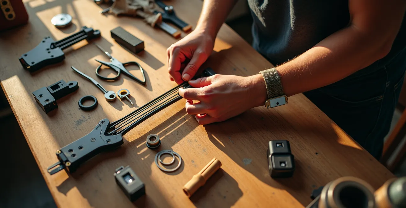 Vue éclatée détaillée de tous les composants d'un arc de compétition avec annotations techniques